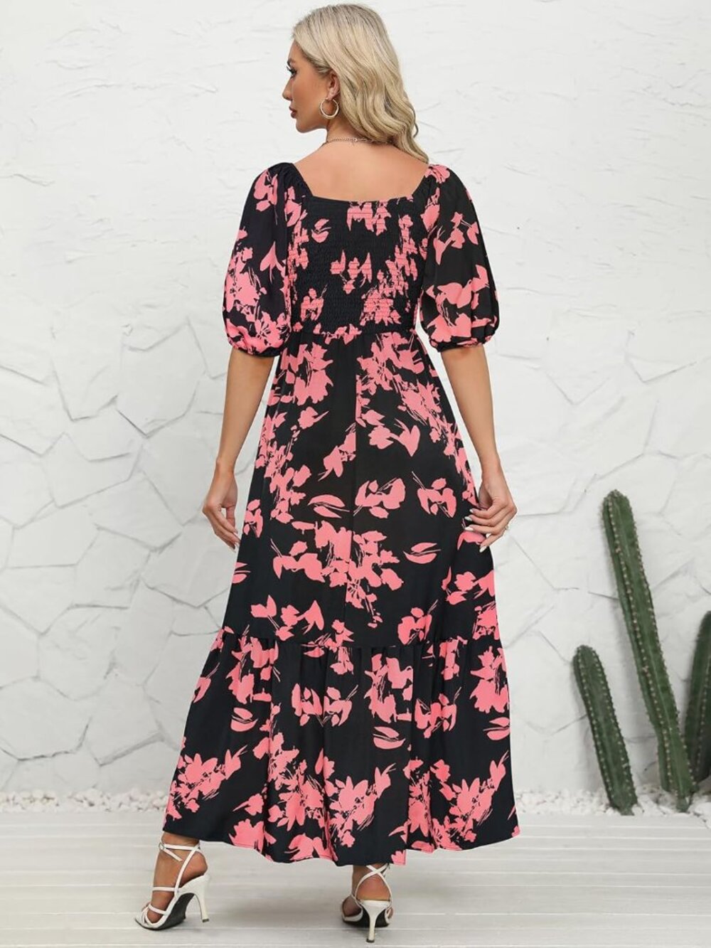Women's Black Pink Puff Sleeve Square Neck Tiered Ruffle Ankle Length Maxi Dress - Picture 6 of 6